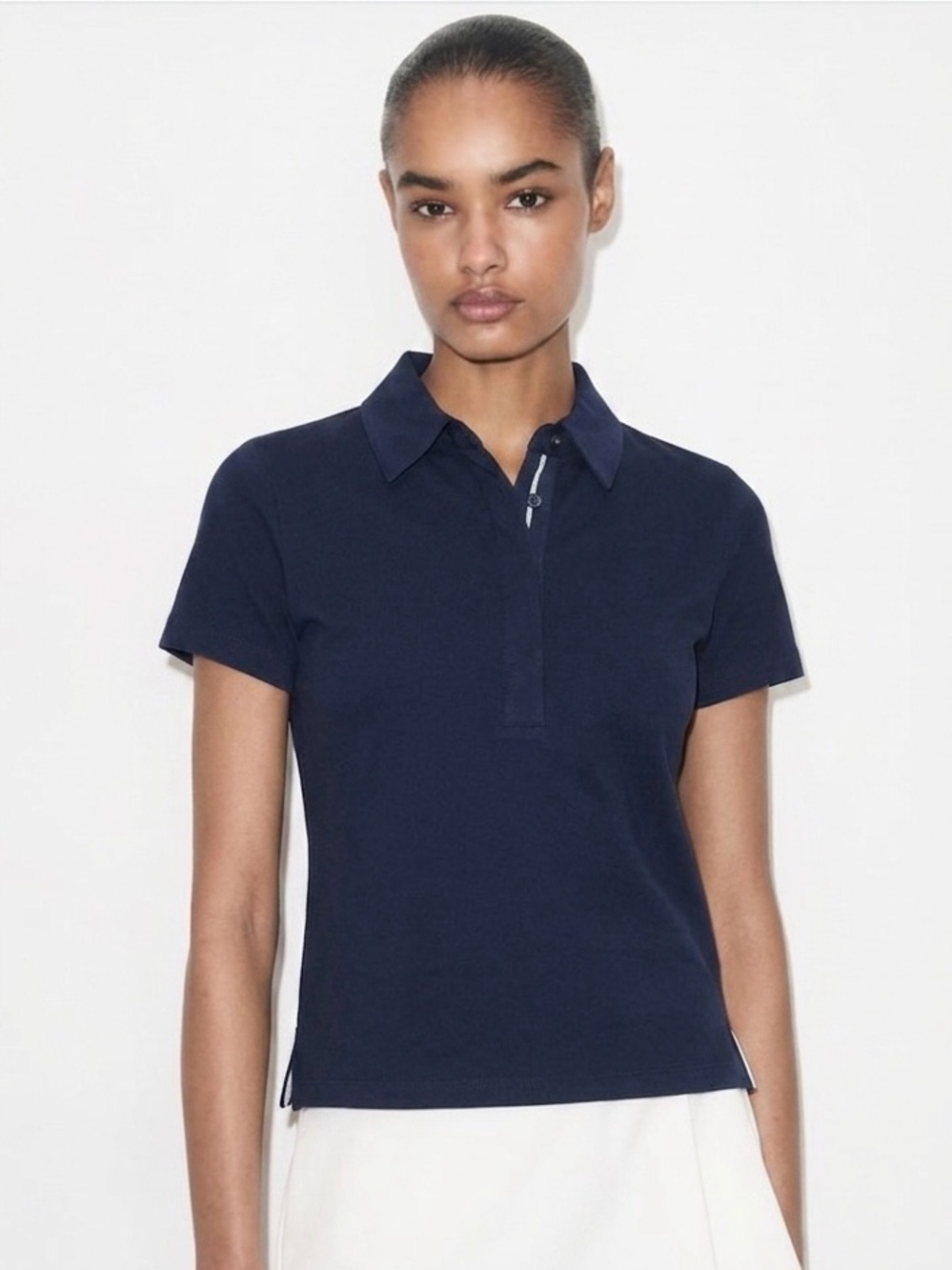 020 TORY BURCH Women's Slim Fit Short Sleeve Cotton Polo - Navy Blue, XS